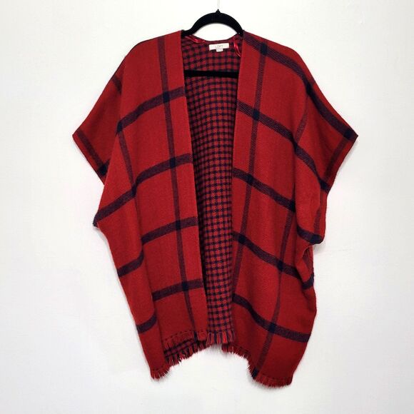 Ann Taylor LOFT Poncho Womens XS/S Red Navy Plaid Reversible Open Front Sweater - Picture 3 of 6